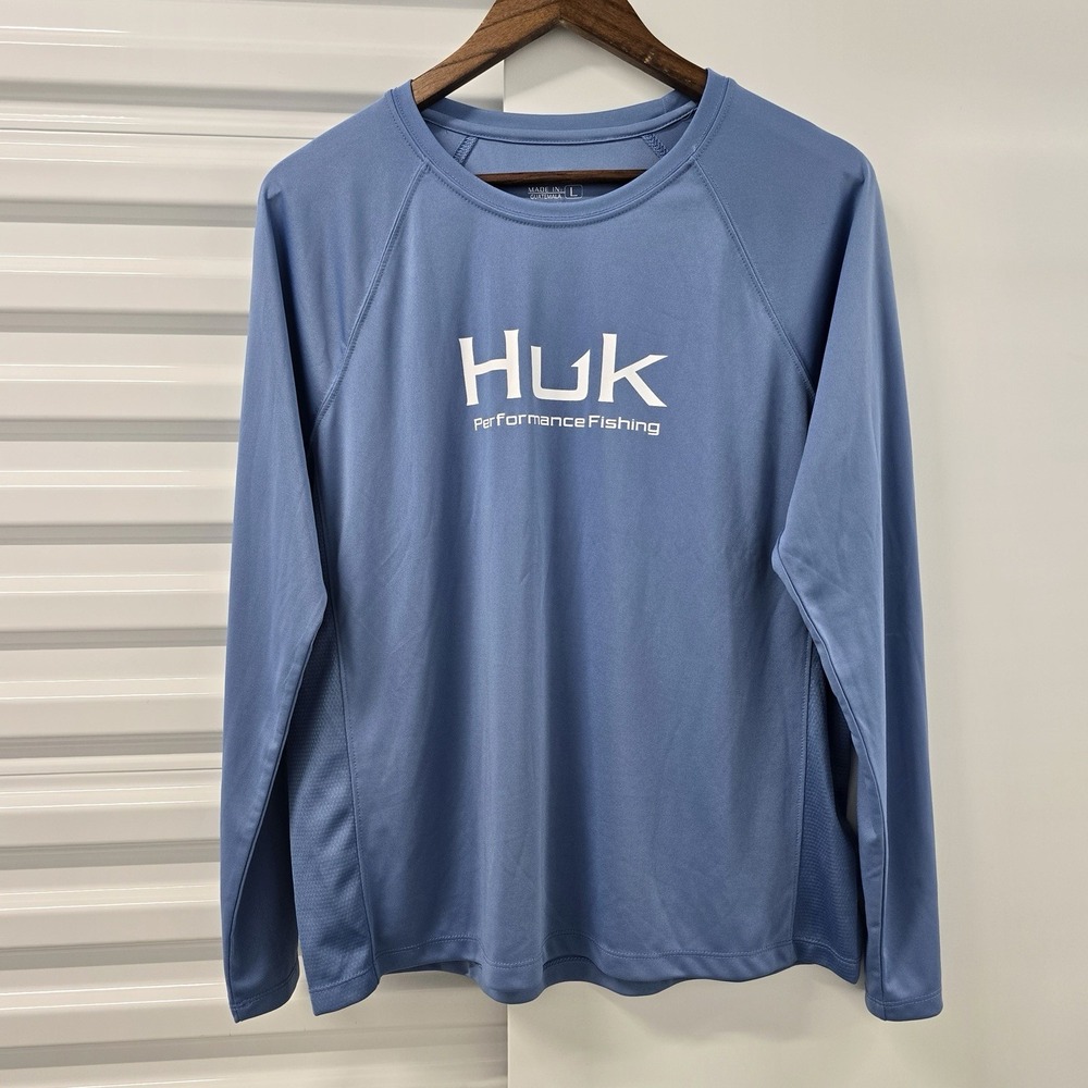 Huk Performance Fishing Pursuit Crew Shirt Mens L Blue Long Sleeve UPF 50+